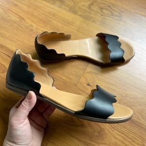 J crew black leather open toe flat sandals size 8